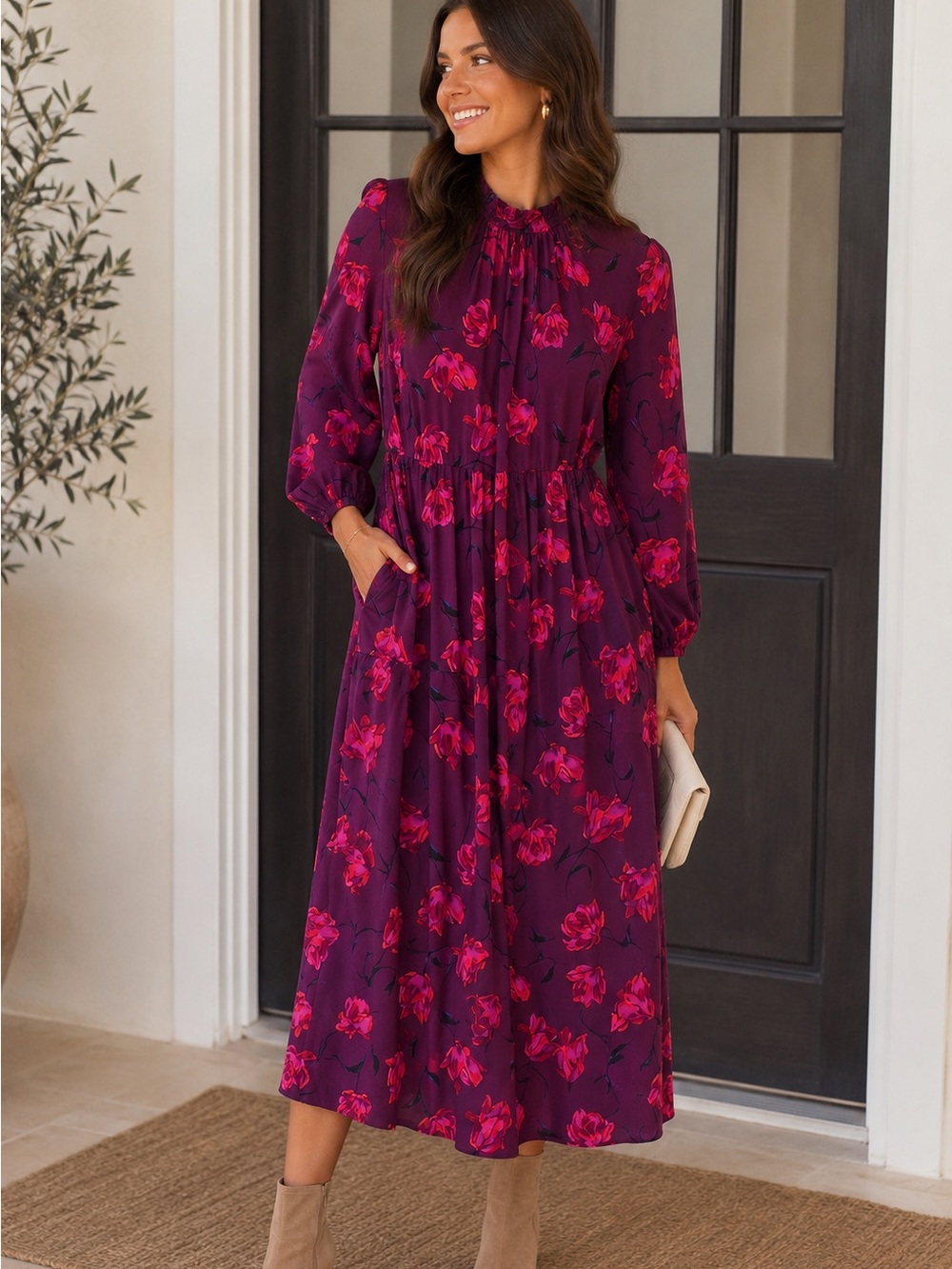 A New Day Plum Floral Midi Dress Pockets Keyhole Back Long Sleeve S Cottagecore
